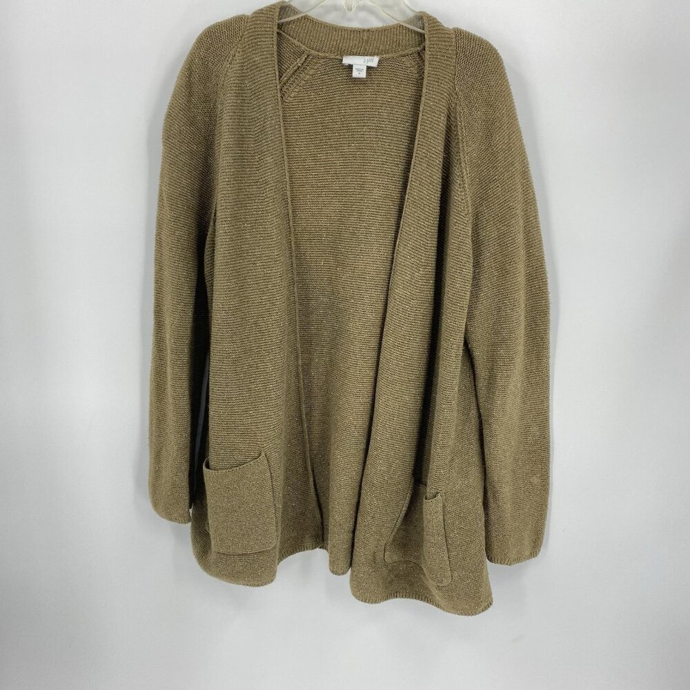J Jill Open Front Cardigan Olive Green Garter Stitch Cotton Silk Womens M